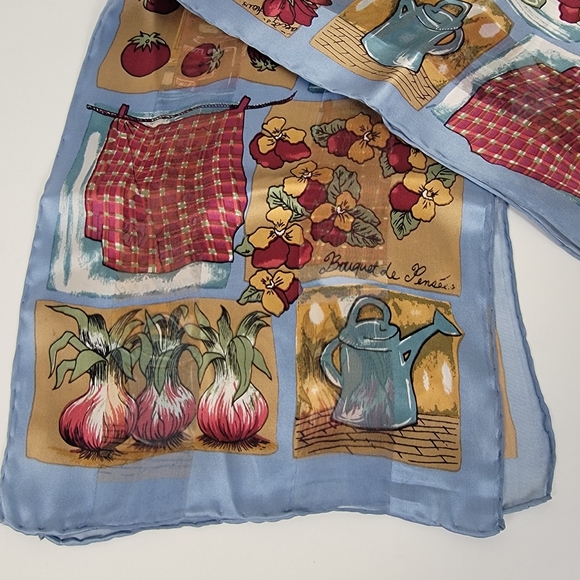 Vintage Silk Scarf Rectangle Sheer Gardening Print Theme Hair Wrap Neck Tie - Picture 2 of 4